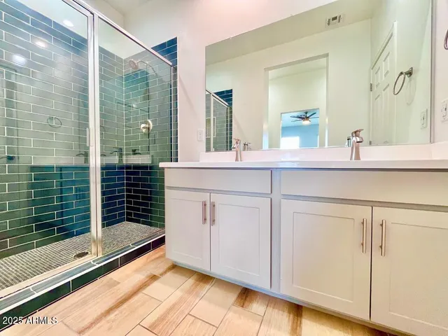 a bathroom with a sink and a shower