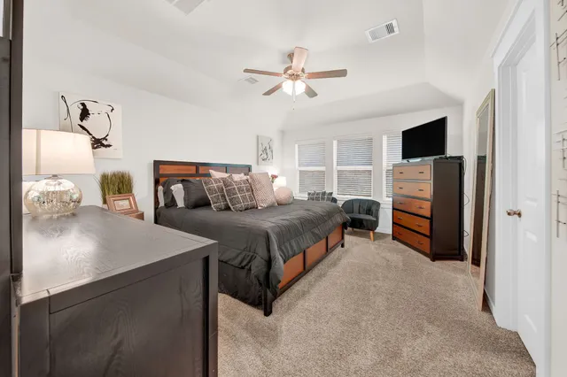 a bed room with a bed and a television