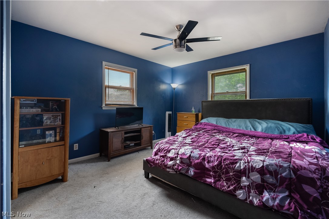 542 Garnette Road Akron, OH 44313 - Photo 21 of 24 Bedroom featuring two windows with wood trim, a ceiling fan with brushed nickel accents, and wall-to-wall carpeting
