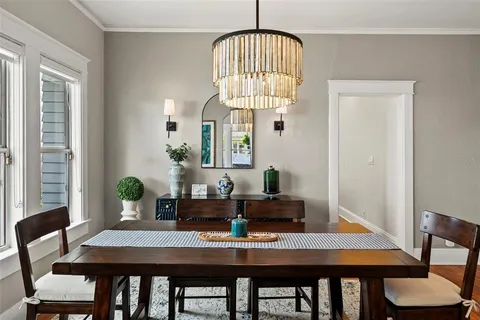 a view of a dining room with furniture and wooden floor