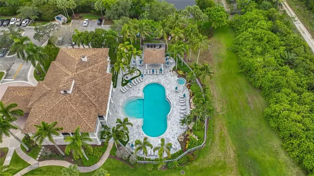 an aerial view of a swimming pool