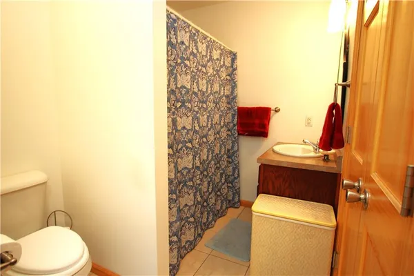 a bathroom with a toilet and a shower curtain