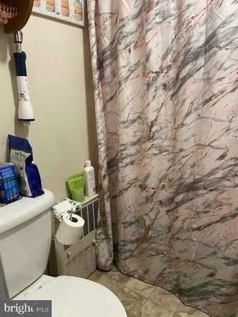 a white toilet sitting next to a shower curtain