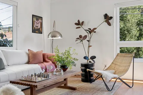 a living room with furniture potted plant and a fireplace