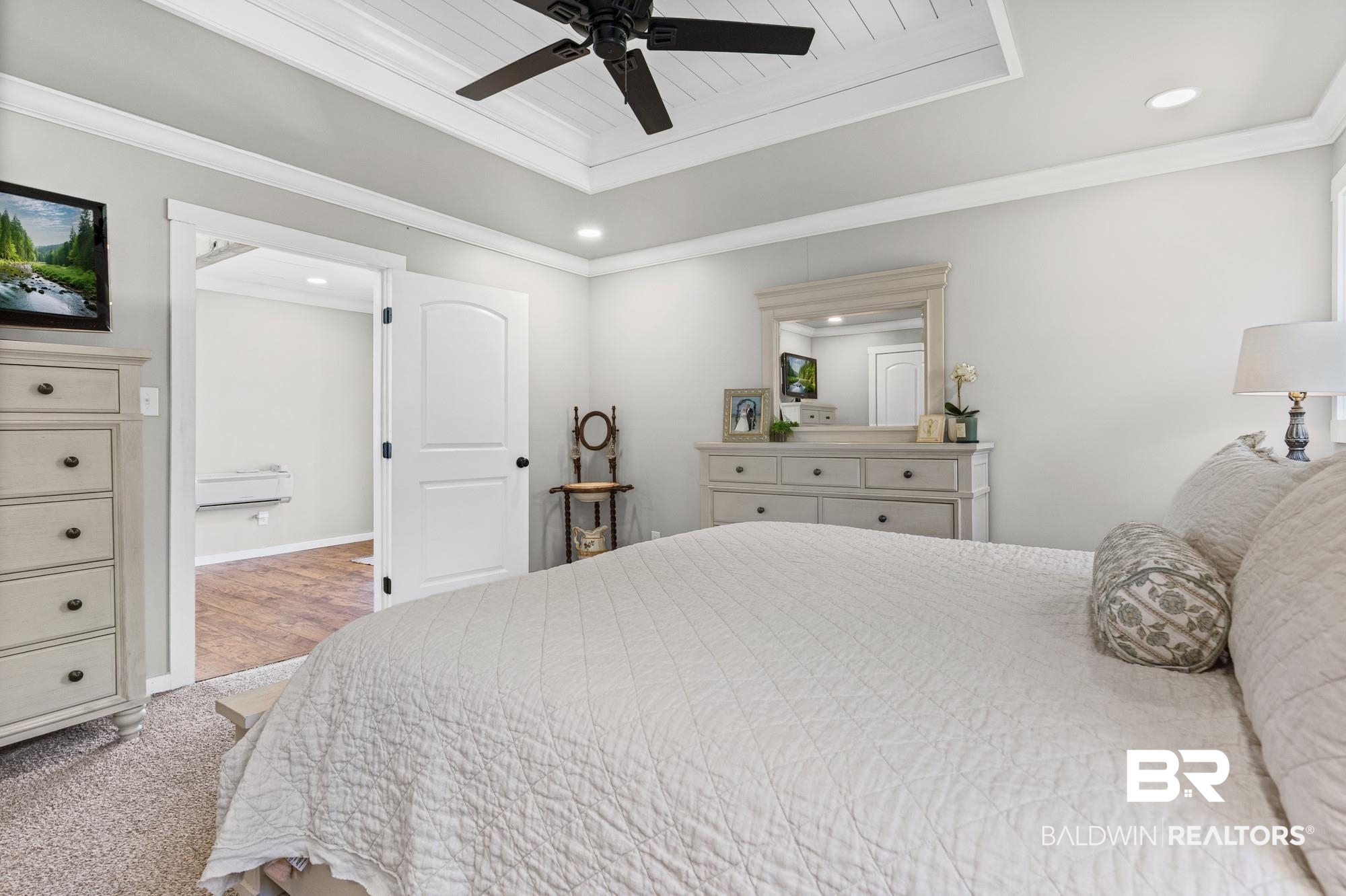11100 Rhett McConnell Road Theodore, AL 36582 - Photo 12 of 47 Carpeted bedroom featuring recessed lighting, a ceiling fan, a raised ceiling, and ornamental molding