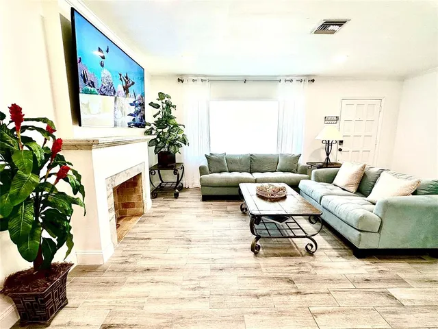 a living room with furniture and a potted plant