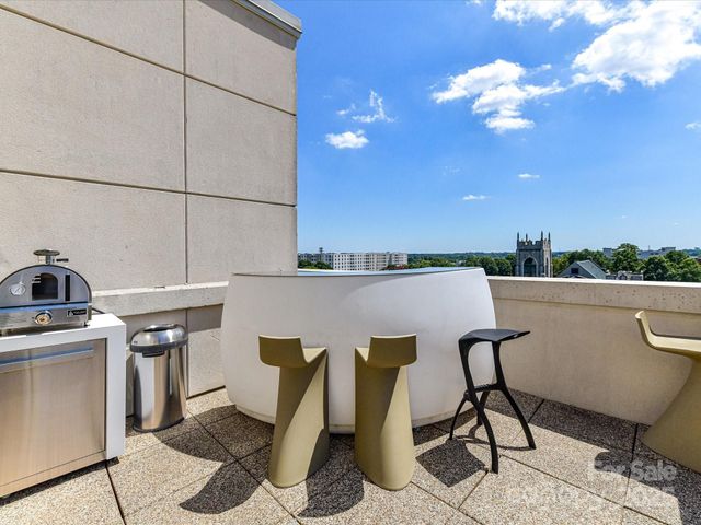 a roof deck with couches and potted plants
