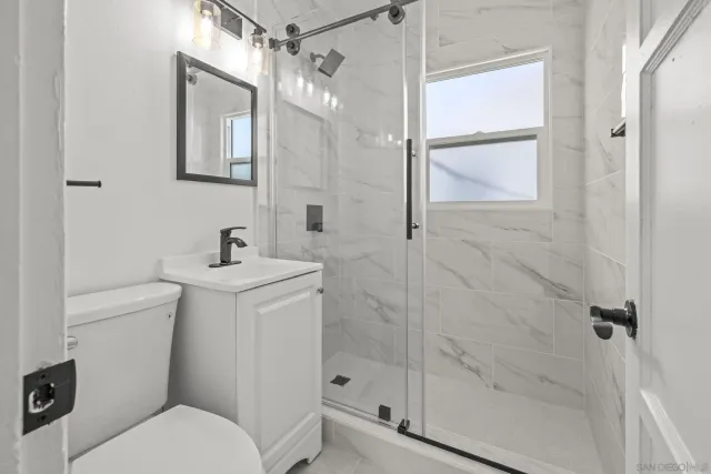 a bathroom with a toilet sink vanity and shower
