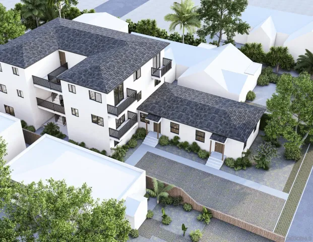 an aerial view of a house with a yard and plants