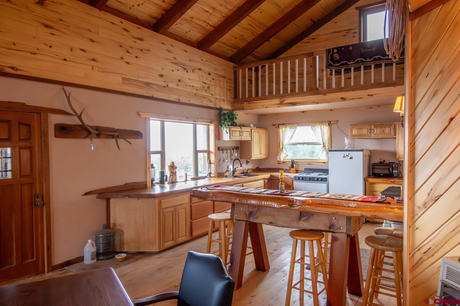 26779 Fs Road Norwood, CO 81423 - Photo 19 of 44 a kitchen with stainless steel appliances kitchen island granite countertop a table chairs in it and wooden floors