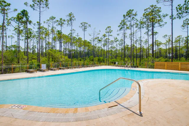 a view of a swimming pool with a yard and palm trees