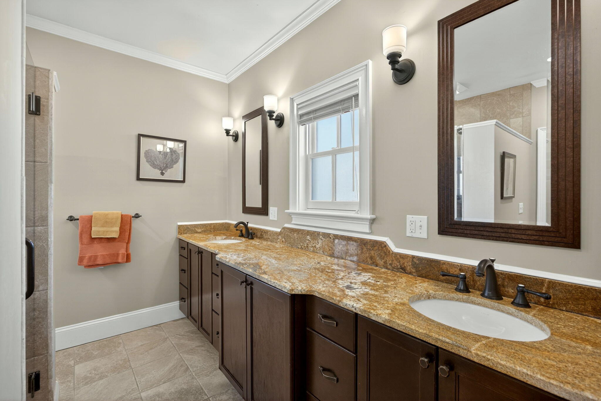 474 Davisville Road East Falmouth, MA 02536 - Photo 23 of 66 a bathroom with a granite countertop double vanity sink and a mirror