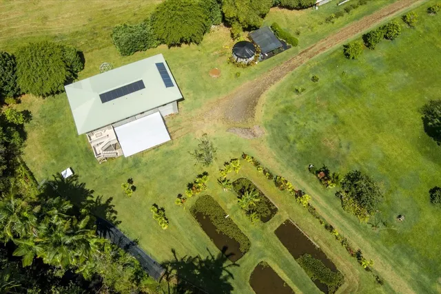 an aerial view of a swimming pool