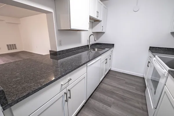 a kitchen with granite countertop a sink and a stove
