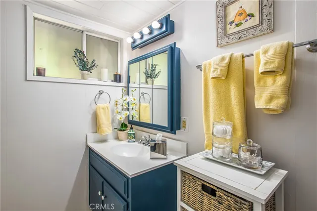 a bathroom with a sink vanity and a mirror