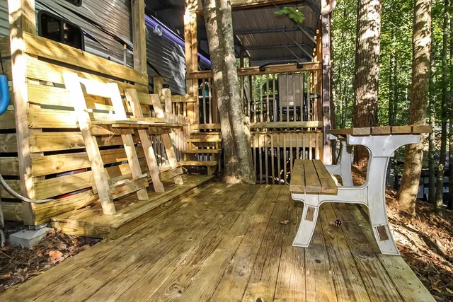 a view of steet with deck