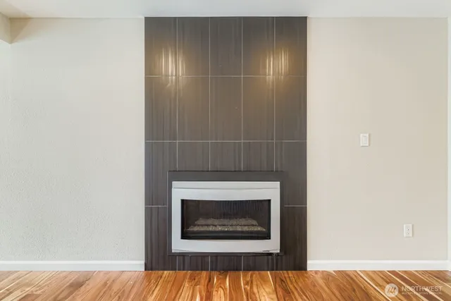 a room with a fireplace