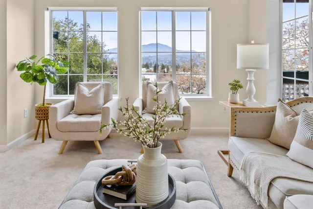 a living room with furniture and a potted plant