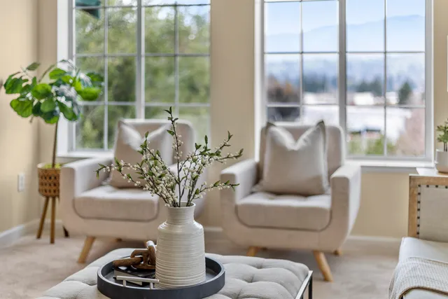 a living room with furniture flowerpot and a window