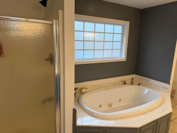a bathroom with a tub and shower