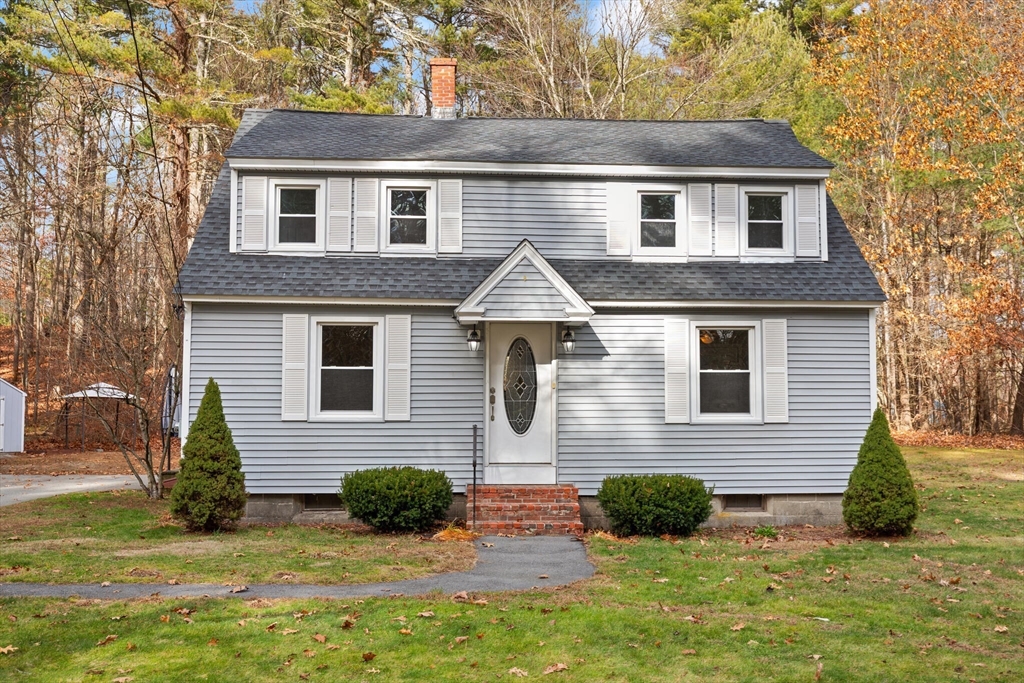 a front view of a house with yard and green space