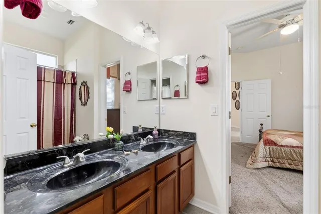 a bathroom with a sink toilet and shower curtain
