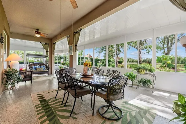 a dining room with furniture a potted plant and a large window