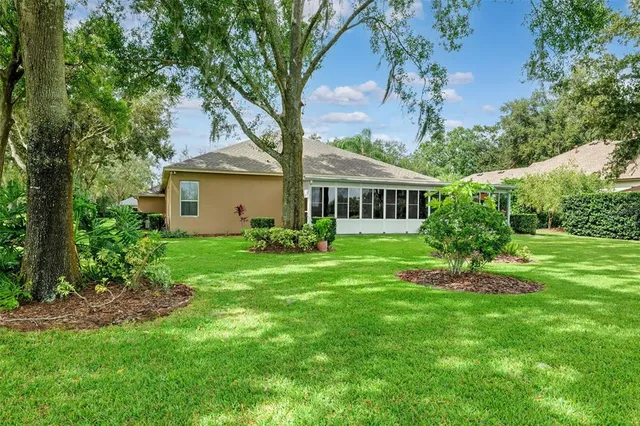 a view of a park with large trees