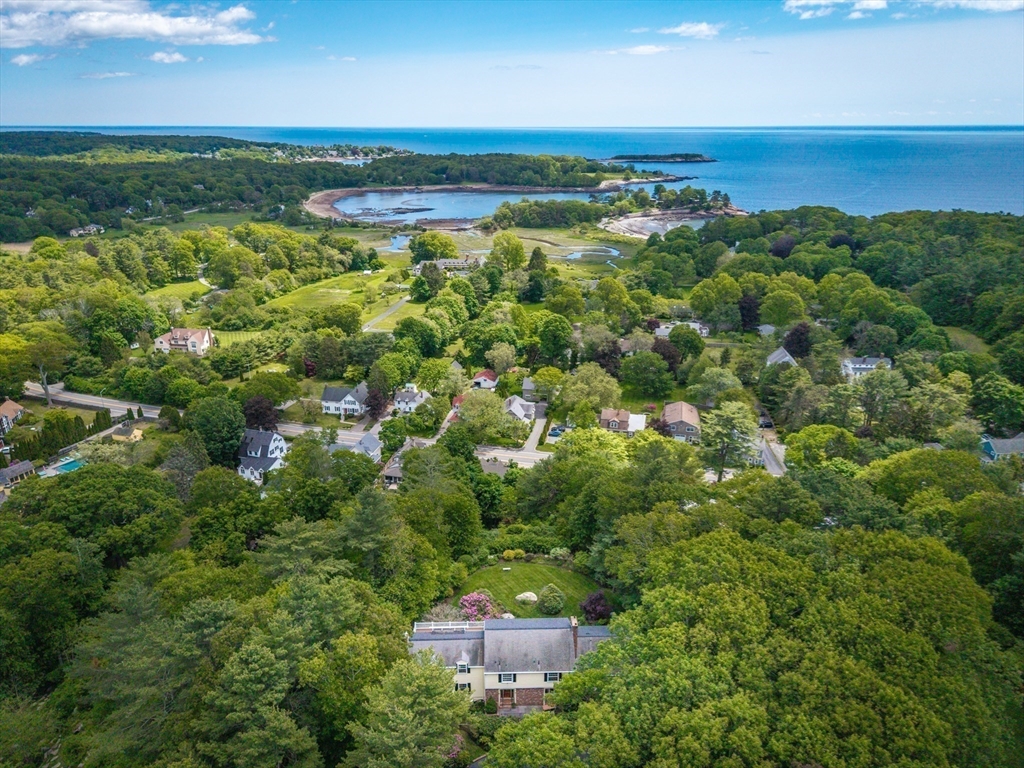 an aerial view of a houses with a yard and lake view