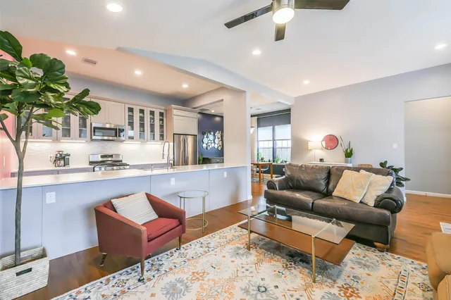 a living room with furniture and a potted plant
