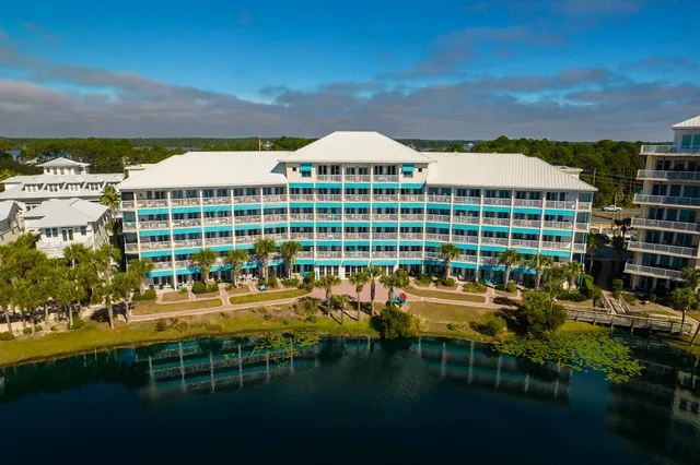 a view of a lake with a city