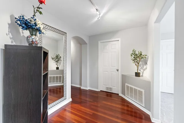 a view of dining room with wooden floor