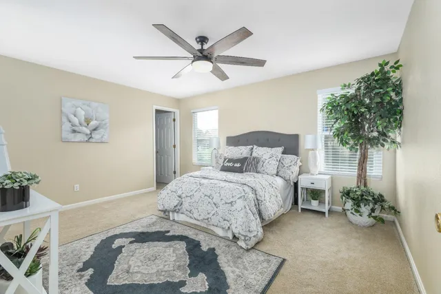 a bedroom with a bed and a potted plant