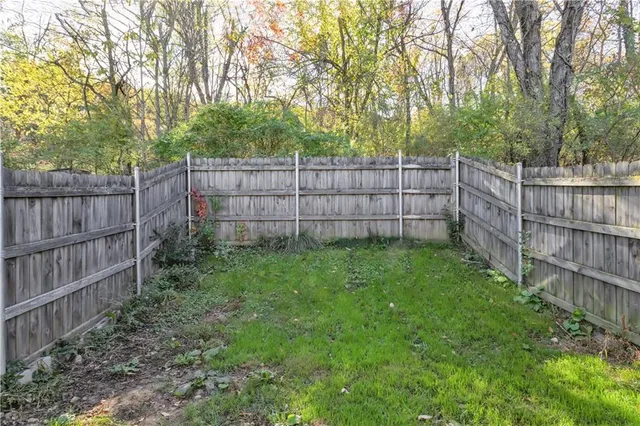 a view of backyard with wooden fence and a large tree