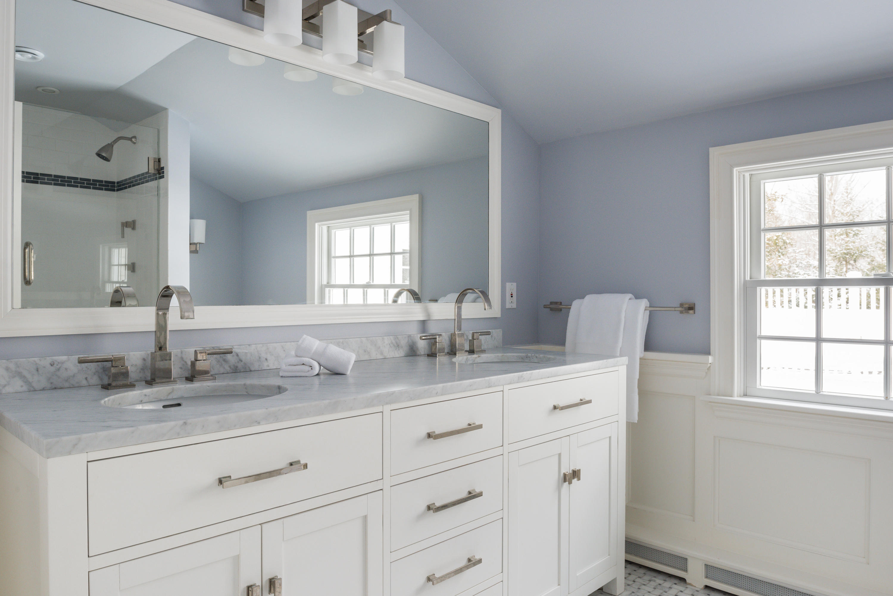 55 Maywood Road Darien, CT 06820 - Photo 18 of 23 a bathroom with double sink and a mirror
