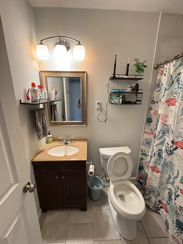 a bathroom with a toilet sink and mirror