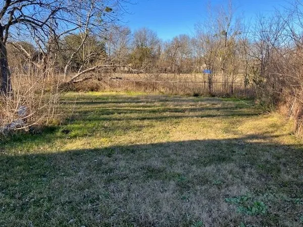 a view of a yard with wooden fence
