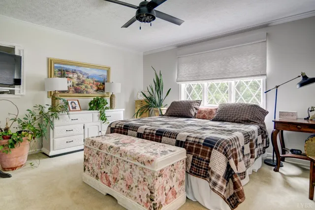 a bedroom with a large bed and a potted plant