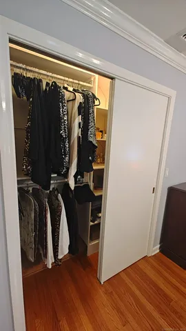 a view of walk in closet with clothes and shoes