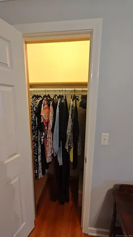 a view of walk in closet with clothes and shoes