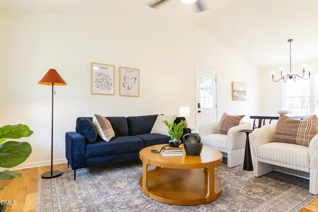a living room with furniture and a potted plant