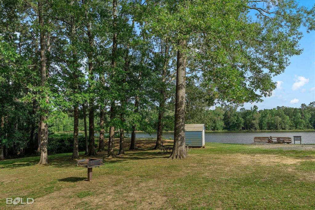 0 Twin Lakes Road Mansfield, LA 71052 - Photo 19 of 28 Grassy outdoor area featuring mature trees, a metal storage shed, and a built-in barbecue grill