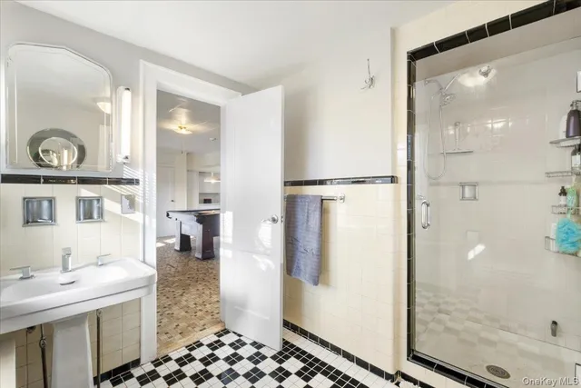 a bathroom with a sink a mirror and a shower