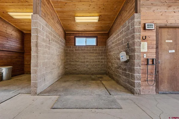 a view of a brick buildings with door