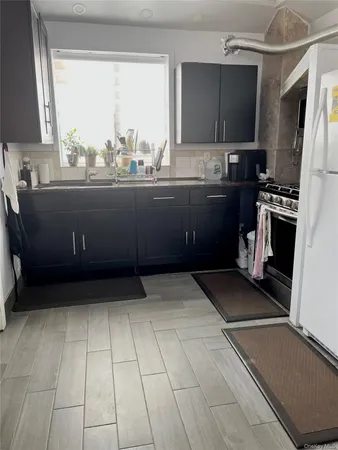 a kitchen with a sink a stove and a refrigerator