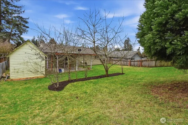 a view of a house with backyard and a tree