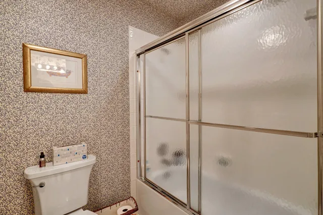 a bathroom with a shower and a toilet