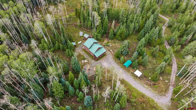 an aerial view of residential house with outdoor space and trees all around