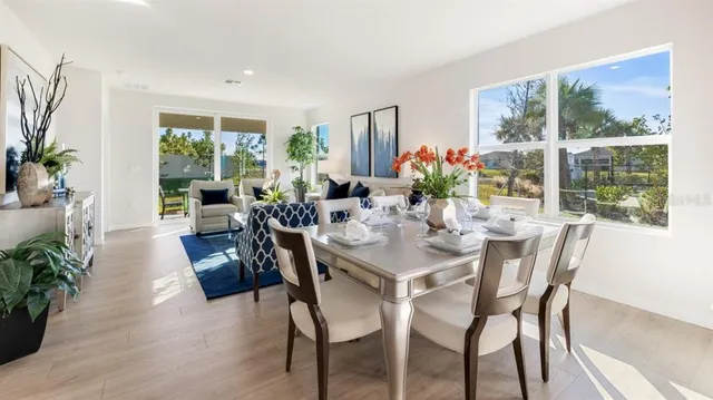 a view of a dining room with furniture window and outside view