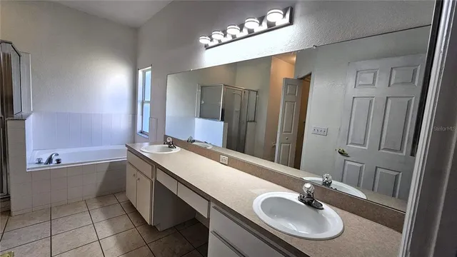 a bathroom with a tub sink and mirror